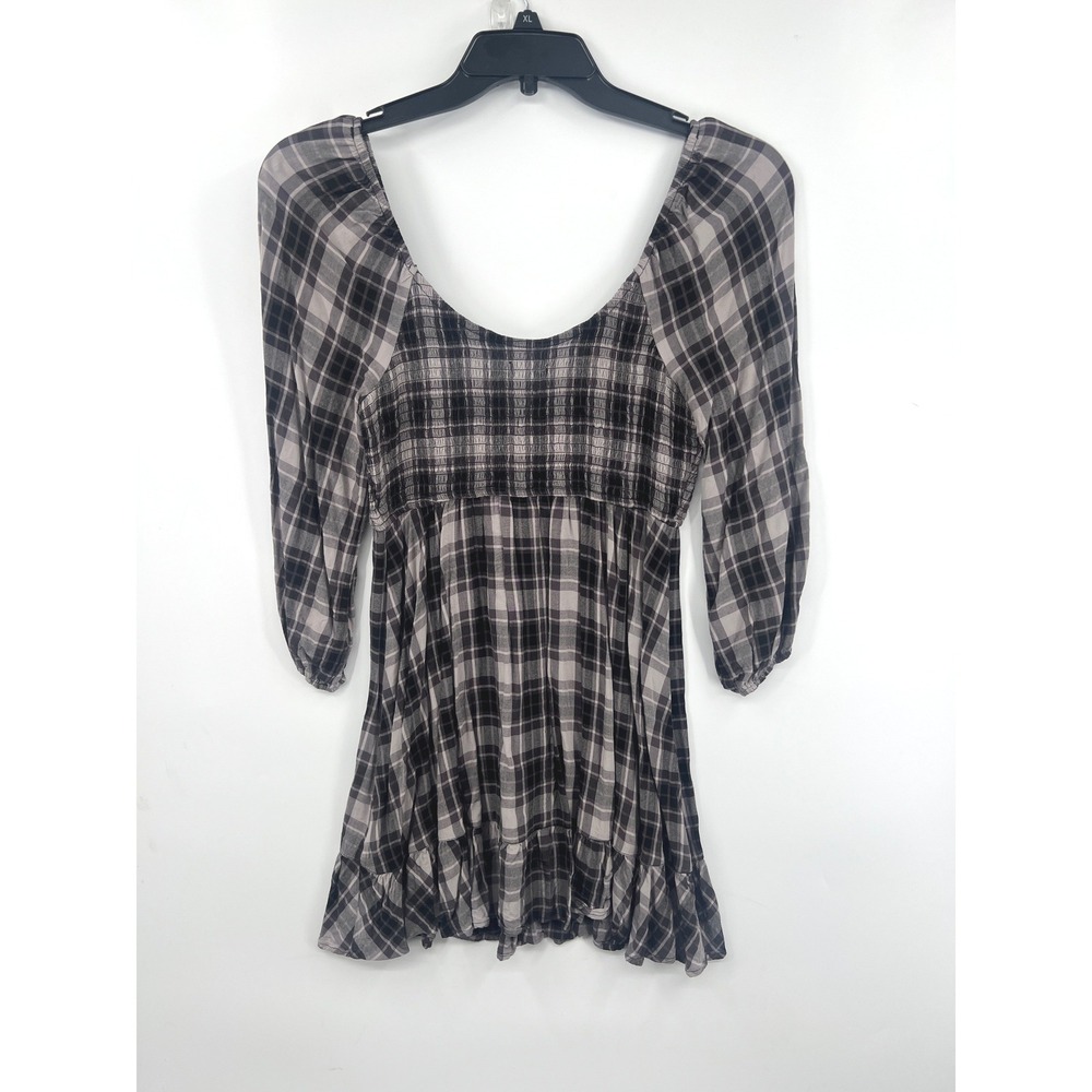 Hollister Plaid Mini Dress Size M Black Grey Smocked‎ Ruffle 3/4 Sleeve 90s - Picture 2 of 8